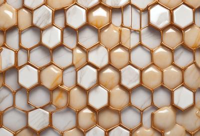 The primary subject of the image is a marble wall with a honeycomb pattern. The setting is a room with a white marble wall, and the visual style is a close-up of the marble wall. The dominant colors are white and gold, creating a luxurious and elegant atmosphere.