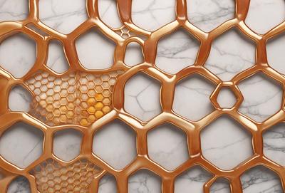 The primary subject of the image is a close-up of a beige honeycomb pattern, which is displayed on a marble surface. The setting is a marble countertop, and the visual style is a close-up of the honeycomb pattern. The colors and mood of the image are warm and inviting, with the beige honeycomb pattern creating a sense of natural beauty and texture.