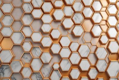 The primary subject of the image is a patterned wall made of hexagonal tiles. The setting is a room with a marble surface, which adds to the luxurious and elegant atmosphere. The visual style is a combination of a photo and digital art, creating a unique and intricate design. The colors and mood of the image are predominantly white and gold, giving it a sophisticated and timeless appearance.