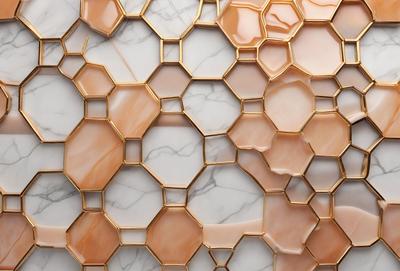 The primary subject of the image is a wall with a pattern of hexagonal shapes. The setting is a room with a marble surface, and the visual style is a close-up of the wall. The dominant colors are white and gold, creating a clean and elegant atmosphere.
