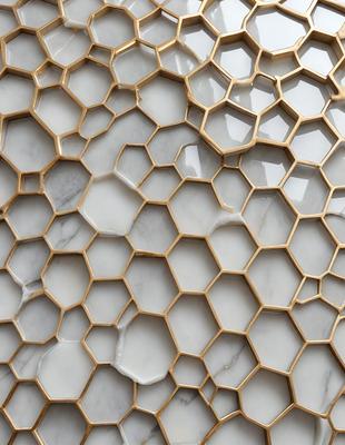 The primary subject of the image is a marble wall with a unique pattern. The setting is a room with a marble surface, and the visual style appears to be a photo. The dominant colors are white and gold, giving the wall a luxurious and elegant appearance.