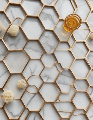 The primary subject of the image is a marble surface with a hexagonal pattern. The setting is a kitchen, and the visual style is a photo. The dominant colors are white and gold, creating a luxurious and elegant atmosphere.