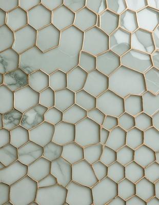 The primary subject of the image is a white marble wall with a unique pattern of hexagonal shapes. The setting is a bathroom, and the visual style is a close-up of the wall. The dominant colors are white and beige, creating a clean and elegant atmosphere.