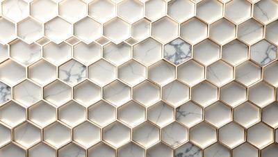 The primary subject of the image is a white marble tile with a hexagonal pattern. The setting is a bathroom, as indicated by the presence of a marble wall. The visual style is a close-up of the marble tile, showcasing its intricate pattern. The dominant colors are white and grey, giving the image a clean and elegant appearance.