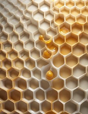 The primary subject of the image is a close-up of a honeycomb, showcasing the hexagonal structure and the honey dripping from it. The setting is a beehive, and the visual style is a detailed, realistic representation of the honeycomb. The colors and mood of the image are warm and inviting, with the honey and honeycomb creating a sense of natural sweetness.