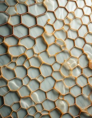 The primary subject of the image is a close-up of a honeycomb pattern, showcasing the hexagonal structure of the honeycomb. The setting is a white marble surface, which provides a clean and elegant backdrop for the honeycomb pattern. The visual style of the image is a close-up, which emphasizes the intricate details of the honeycomb. The colors and mood of the image are predominantly neutral, with the white marble surface and the honeycomb pattern creating a sense