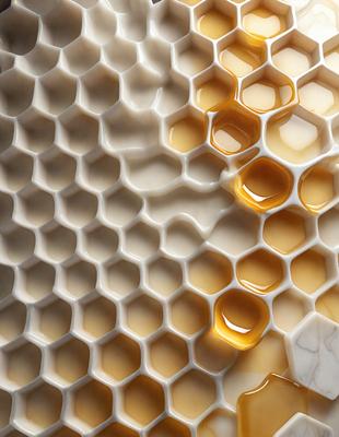 The primary subject of the image is a close-up of a honeycomb, showcasing the hexagonal structure and the honey dripping from it. The setting is a white background, which provides a clean and minimalist appearance. The visual style is a realistic representation of the honeycomb, capturing the details and textures of the honeycomb and the honey. The colors and mood of the image are predominantly warm and natural, with the honey and the honeycomb creating a sense of