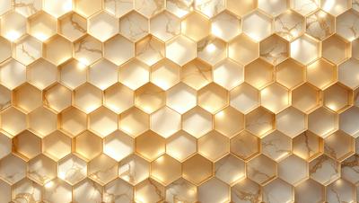 The primary subject of the image is a wall with a marble pattern. The setting is a room with a white and gold color scheme. The visual style is a close-up of the wall, showcasing the intricate marble pattern. The colors and mood of the image are warm and elegant, with the gold and white hues creating a luxurious and sophisticated atmosphere.