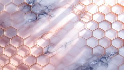 The primary subject of the image is a marble wall with a pattern of hexagons. The setting is a room with a marble floor, and the visual style is a photo. The dominant colors are white and pink, creating a warm and elegant atmosphere.