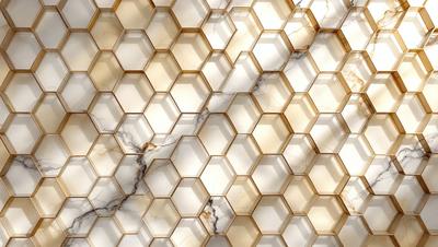 The primary subject of the image is a marble wall with a honeycomb pattern. The setting is a room with a white marble surface. The visual style is a close-up of the marble wall, showcasing the intricate pattern. The dominant colors are white and gold, giving the wall a luxurious and elegant appearance.