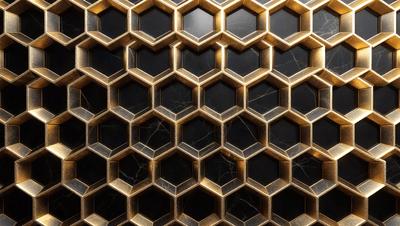 The primary subject of the image is a close-up of a gold and black hexagonal pattern. The setting is a black and gold background, which adds to the visual style. The image appears to be a digital art or illustration, showcasing the intricate design of the pattern. The dominant colors are gold and black, creating a bold and elegant atmosphere.