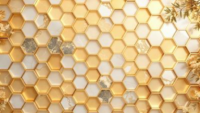 The primary subject of the image is a wall with a gold and white marble pattern. The setting is a room with a gold and white marble wall, which serves as the background. The visual style is a close-up of the marble wall, showcasing the intricate pattern. The colors and mood of the image are warm and elegant, with the gold and white marble creating a luxurious and sophisticated atmosphere.