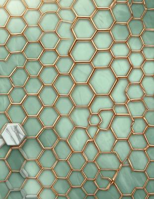 The primary subject of the image is a close-up of a green and gold patterned wall. The setting is a bathroom, as indicated by the presence of a marble countertop. The visual style is a combination of a photo and digital art, creating a unique and intricate pattern. The dominant colors are green and gold, giving the wall a warm and inviting atmosphere.