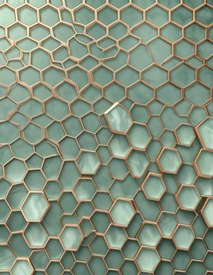 The primary subject of the image is a close-up of a patterned wall, featuring a unique design with hexagonal shapes. The setting is a room with a blue background, which adds to the overall atmosphere. The visual style of the image is a combination of photo and digital art, creating a visually appealing and intricate pattern. The dominant colors in the image are blue and gold, which contribute to the overall mood of the scene.