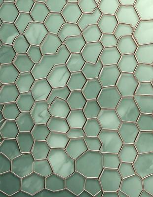 The primary subject of the image is a close-up of a patterned wall made of hexagonal tiles. The setting is a bathroom, as indicated by the presence of the tiled wall. The visual style is a combination of a photo and digital art, creating a unique and intricate pattern. The dominant colors are green and white, giving the wall a clean and fresh appearance. The overall atmosphere is one of modern design and sophistication.