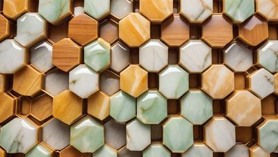 The primary subject of the image is a wall made of hexagonal tiles, featuring a combination of green, white, and brown marble. The setting is a room with a patterned wall, and the visual style is a close-up of the tiles. The colors and mood of the image are predominantly green and white, creating a clean and elegant atmosphere.