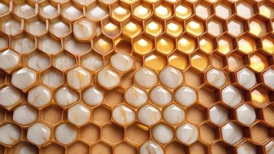 The primary subject of the image is a close-up of a honeycomb, showcasing the hexagonal structure and the honey inside. The setting is a beehive, with the honeycomb being the main focus. The visual style is a close-up, which emphasizes the details of the honeycomb and the honey. The colors and mood of the image are warm and inviting, as honey is often associated with sweetness and comfort.