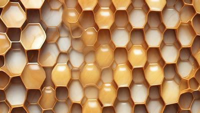 The primary subject of the image is a close-up of a honeycomb, showcasing the hexagonal structure and the beeswax that forms the honeycomb. The setting is a white background, which provides a clean and minimalist look to the image. The visual style is a combination of a photo and digital art, as the close-up of the honeycomb is captured in a photo, while the overall composition and presentation are enhanced through digital art techniques. The colors and mood of the image are pre