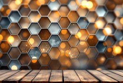 The primary subject of the image is a wooden table with a patterned surface. The setting is a room with a wall covered in hexagonal tiles. The visual style is a combination of a photo and digital art, creating a unique and interesting pattern. The dominant colors are orange and yellow, giving the scene a warm and inviting atmosphere.