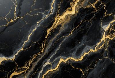 The primary subject of the image is a close-up of a marble surface with gold streaks. The setting is a black background, which contrasts with the gold and black marble. The visual style is a combination of a photo and digital art, creating a unique and intriguing pattern. The colors and mood of the image are predominantly black and gold, giving it a luxurious and elegant appearance.