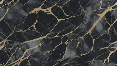 The primary subject of the image is a black and gold marble tile. The setting is a black and gold marble wall, which serves as the background. The visual style is a close-up of the marble tile, showcasing its intricate patterns and textures. The colors and mood of the image are predominantly black and gold, giving it a luxurious and elegant appearance.