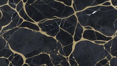 The primary subject of the image is a black and gold marble tile. The setting is a black background, and the visual style is a close-up of the tile. The colors and mood of the image are dark and dramatic, with the gold accents adding a touch of warmth to the overall atmosphere.
