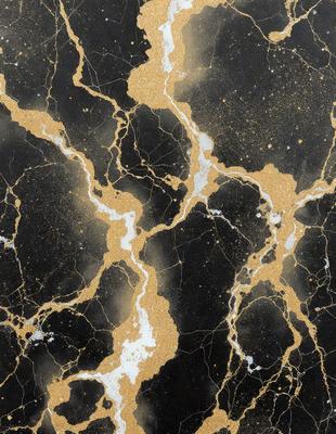 The primary subject of the image is a black and gold marble pattern. The setting is a black and gold marble wall, which serves as the background. The visual style is a close-up of the marble pattern, showcasing the intricate details of the design. The colors and mood of the image are predominantly black and gold, giving it a luxurious and elegant appearance.
