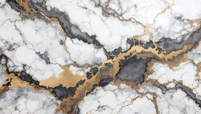 The primary subject of the image is a marble countertop with a gold-colored design. The setting is a kitchen, and the visual style is a close-up of the marble countertop. The colors and mood of the image are predominantly gold and white, giving it a luxurious and elegant appearance.