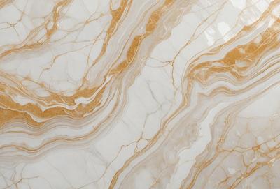 The primary subject of the image is a marble countertop with a gold and white color scheme. The setting is a kitchen or bathroom, as the countertop is a prominent feature in the space. The visual style is a close-up of the marble countertop, showcasing its intricate patterns and textures. The colors and mood of the image are elegant and sophisticated, with the gold and white tones creating a luxurious and timeless atmosphere.
