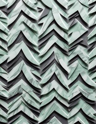 The primary subject of the image is a patterned wallpaper with a green and white color scheme. The setting is a room with a marble-like surface, which adds to the overall visual style. The pattern is a combination of triangles and diamonds, creating a unique and eye-catching design. The colors and mood of the image are both calming and inviting, making it an appealing choice for interior design.