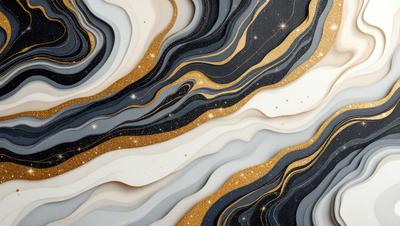The primary subject of the image is a large, intricate, and colorful design featuring a mix of gold, black, and white colors. The design appears to be a combination of a starry night and a marble pattern, creating a visually striking and unique piece. The setting is a wall, and the visual style is a combination of digital art and illustration. The colors and mood of the image are vibrant, bold, and artistic, making it an eye-catching and memorable piece of art.