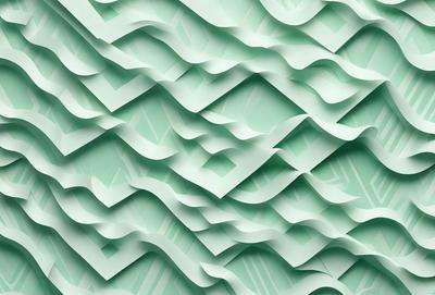The primary subject of the image is a large, green, wavy wallpaper with a pattern of waves. The setting is a room with a green wall, and the visual style is a close-up of the wallpaper. The colors and mood of the image are predominantly green, creating a calm and soothing atmosphere.