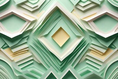 The primary subject of the image is a green and white paper sculpture. The setting is a green background, which complements the colors of the sculpture. The visual style is a combination of digital art and illustration, creating a unique and intricate design. The colors and mood of the image are predominantly green and white, giving it a calm and serene atmosphere.