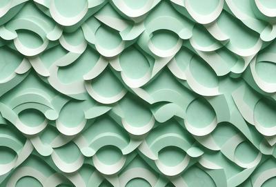 The primary subject of the image is a large, intricate wallpaper design featuring a pattern of cups and bowls. The setting is a green wall, which serves as the backdrop for the pattern. The visual style is a combination of digital art and illustration, creating a unique and eye-catching design. The colors and mood of the image are predominantly green, giving it a fresh and lively atmosphere.