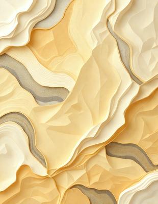 The primary subject of the image is a large, textured wall made of paper. The setting is a room with a wall that features a unique, artistic design. The visual style is a combination of digital art and illustration, creating a striking and creative appearance. The dominant colors are yellow and brown, giving the wall a warm and inviting atmosphere.