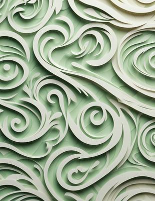 The primary subject of the image is a large, intricate paper sculpture of a swirling design. The sculpture is made of paper and is displayed on a green background. The visual style of the image is a combination of digital art and illustration, creating a unique and eye-catching design. The colors and mood of the image are predominantly green, giving it a calming and serene atmosphere.