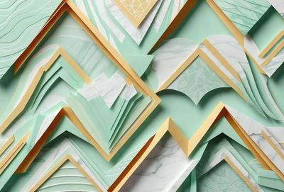 The primary subject of the image is a large, intricate paper sculpture of a mountain. The setting is a white wall, and the visual style is a combination of digital art and illustration. The colors and mood of the image are predominantly green and blue, giving it a serene and natural atmosphere.