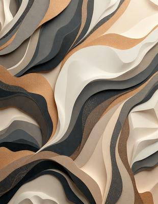 The primary subject of the image is a large, intricate, and colorful wallpaper design. The setting is a wall, and the visual style is a combination of photo and digital art. The colors and mood of the image are vibrant and lively, with a mix of black, white, and various shades of brown and gold. The design features a mix of textures and patterns, creating a unique and eye-catching appearance.