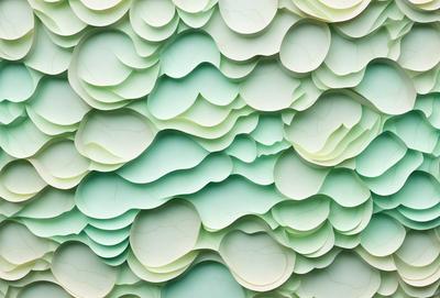 The primary subject of the image is a large, green, textured wall with a pattern of white circles. The setting is a room with a green background, and the visual style appears to be a combination of digital art and illustration. The dominant colors are green and white, creating a calm and soothing atmosphere.