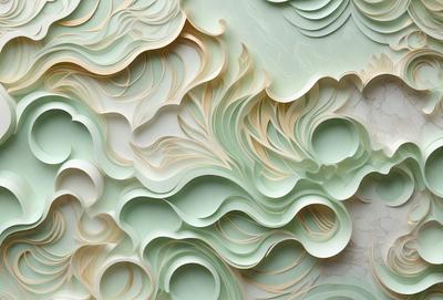 The primary subject of the image is a large, intricate paper sculpture. The sculpture is made of various shades of green and white paper, giving it a unique and artistic appearance. The setting is a white wall, which serves as a clean and uncluttered backdrop for the paper sculpture. The visual style of the image is a combination of digital art and illustration, as the paper sculpture is skillfully crafted and displayed. The colors and mood of the image are predominantly green and white,