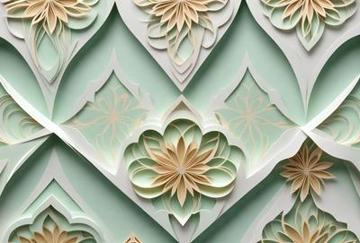 The primary subject of the image is a large, intricate paper flower design. The setting is a green wall, which serves as the backdrop for the paper flower pattern. The visual style is a combination of digital art and illustration, as the paper flower design is created using a digital medium. The dominant colors in the image are green and brown, giving the overall atmosphere a natural and earthy feel.