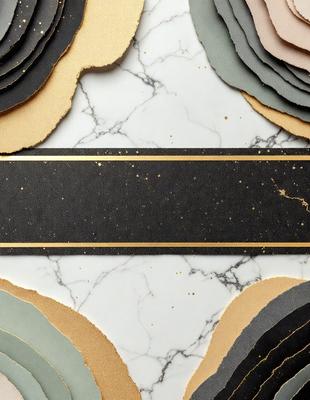 The primary subject of the image is a decorative piece featuring a gold border and a black background. The setting is a marble table, and the visual style appears to be a combination of a photo and digital art. The colors in the image are predominantly black and gold, creating a sophisticated and elegant atmosphere.