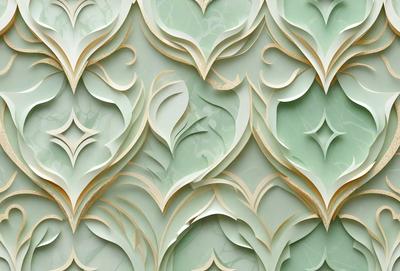 The primary subject of the image is a green and white wallpaper with a leaf pattern. The setting is a wall, and the visual style is a patterned wallpaper. The dominant colors are green and white, creating a calm and natural atmosphere.