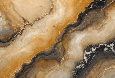 The primary subject of the image is a marble-like surface with a yellow and black color scheme. The setting is a stone wall, and the visual style appears to be a combination of a photo and digital art. The colors and mood of the image are warm and earthy, with a sense of depth and texture.