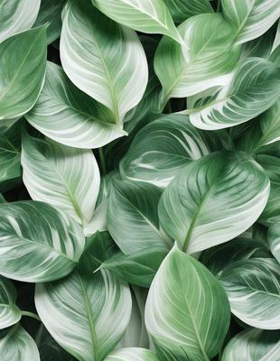 The image features a large group of white and green leaves, possibly a plant or a flower arrangement. The leaves are arranged in a visually appealing manner, creating a sense of depth and texture. The primary subject of the image is the leaves, which are the main focus of the scene. The setting is a close-up view of the leaves, allowing the viewer to appreciate the intricate details of the plant or flower arrangement. The visual style of the image is a close-up, which emphasizes the beauty and texture of the leaves
