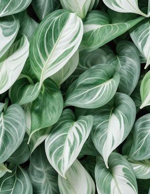 The image features a large group of green and white leaves, possibly a plant or a collection of leaves. The leaves are arranged in a visually appealing manner, creating a sense of depth and texture. The primary subject of the image is the leaves, which are the main focus of the scene. The setting is a close-up view of the leaves, allowing the viewer to appreciate the intricate details of the plant or the arrangement of the leaves. The visual style of the image is a close-up, which emphasizes the leaves and