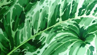 The primary subject of the image is a large green leaf with a pattern of white spots. The leaf is prominently displayed in the foreground, covering a significant portion of the image. The setting appears to be a natural environment, possibly a tropical or jungle-like area. The visual style of the image is a close-up of the leaf, showcasing its intricate pattern and texture. The dominant colors in the image are green and white, creating a serene and lush atmosphere.