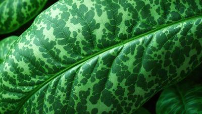 The image features a large green leaf with a pattern of spots on it. The leaf is the primary subject of the image, and it is set against a background of a green plant. The visual style of the image is a close-up of the leaf, showcasing its intricate pattern. The colors in the image are predominantly green, giving the scene a natural and serene atmosphere.