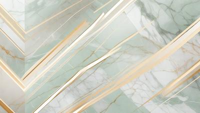 The primary subject of the image is a marble wall with a pattern of gold and white stripes. The setting is a room with a white marble floor. The visual style is a close-up of the marble wall, showcasing the intricate pattern. The colors and mood of the image are predominantly white and gold, giving it a luxurious and elegant appearance.