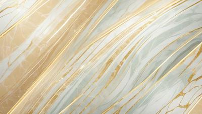 The primary subject of the image is a marble wall with a gold-colored design. The setting is a room with a marble floor, and the visual style is a combination of a photo and digital art. The colors and mood of the image are predominantly gold and white, creating a luxurious and elegant atmosphere.